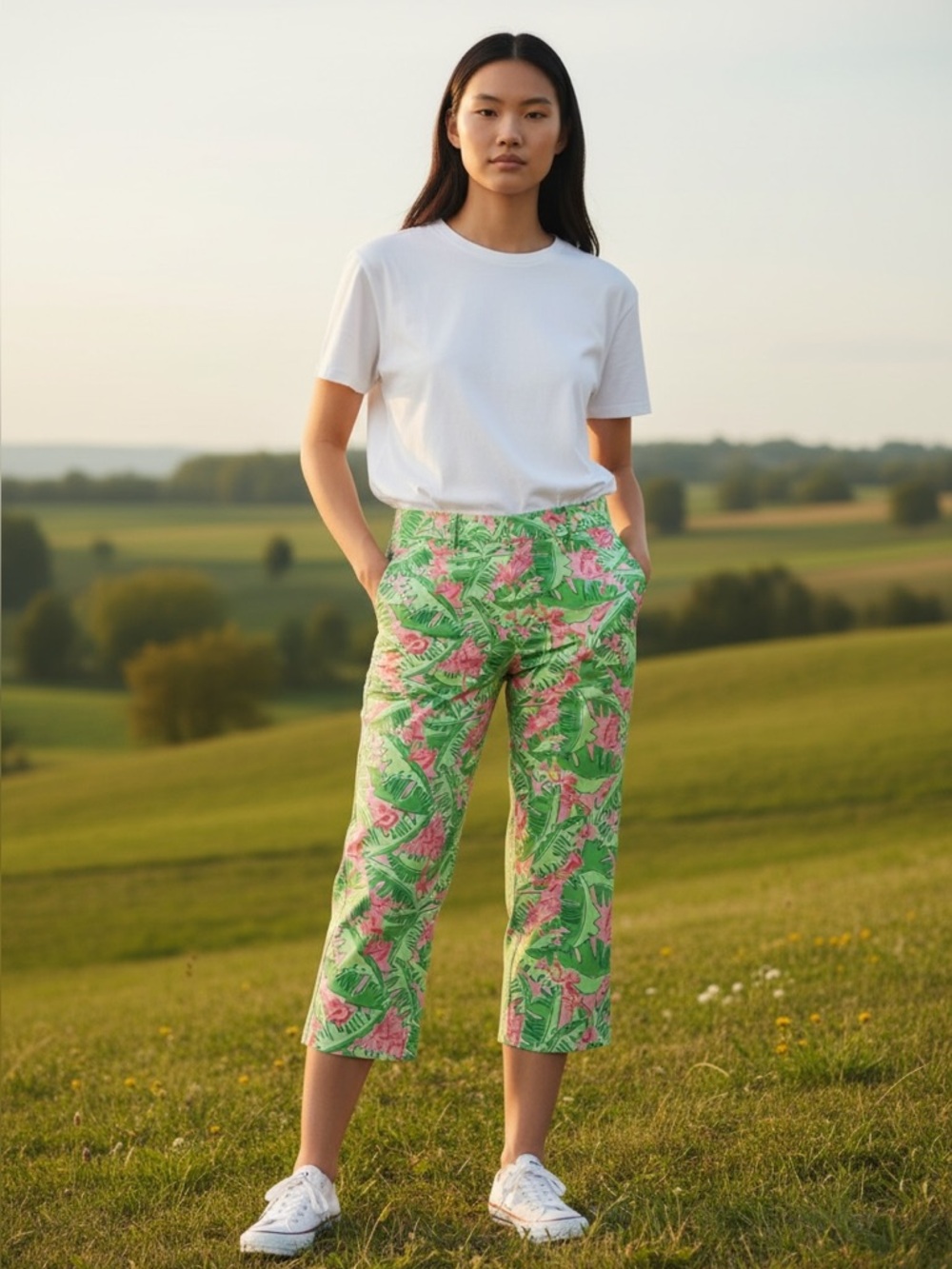 Lilly Pulitzer Pink and Green Tropical Monkey Capri Pants    NWOT    size 10